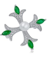 CZ by Kenneth Jay Lane Look Of Real Rhodium Plated, 6mm Faux Pearl & Cubic Zirconia Brooch - Green
