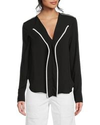 DKNY - Long Sleeve V-neck Contrast-trim Blouse - Lyst