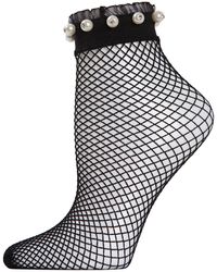 Memoi Faux Pearl Ruffle-cuff Fishnet Anklet Socks - White