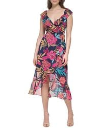 Kensie - Tropical Print Ruffled Midi Dress - Lyst