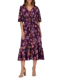 Kensie - Puff Sleeve Floral Midi-Dress - Lyst