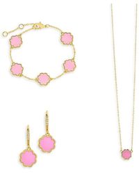 Sterling Forever - 3-piece 14k Goldplated, Pink Turquoise Flower Earrings, Necklace & Bracelet Set - Lyst
