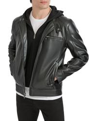 Kenneth Cole - Faux Leather Hooded Moto Jacket - Lyst