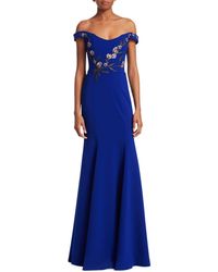 Marchesa Embroidered Beaded Appliqué Off-the-shoulder Gown - Blue