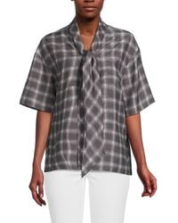 Theory - Tie Neck Plaid Silk Blend Top - Lyst