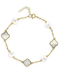 Effy - 14k Yellow Gold, 6-6.5mm Freshwater Pearl & Mother Of Pearl Clover Station Bracelet - Lyst