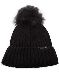 Calvin Klein Faux Fur Pom Pom Rib Knit Beanie - Black
