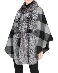 Belle Fare Silver Fox Buffalo Check Belted Cape - Black