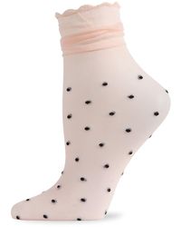 Memoi Polka Dot Ruffle Anklet Socks - Natural