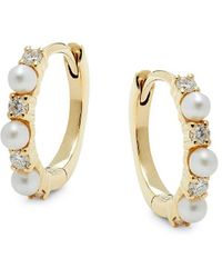 Saks Fifth Avenue Saks Fifth Avenue 14k , 1mm Freshwater Pearl & Diamond huggies Earrings - Metallic