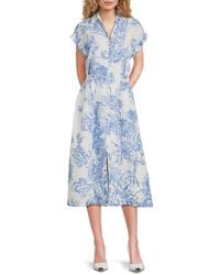 Tahari - Floral-Print Linen-Blend Midi-Dress - Lyst