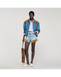 Sandro - Denim And Suede Shorts With Rivets - Lyst