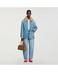 Sandro - Denim Coat With Faux Fur Collar - Lyst