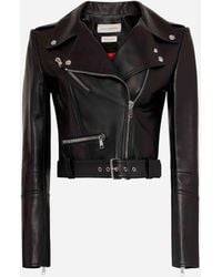 McQueen - Cropped Leather Jacket With Off-Center Zip Closure - Lyst