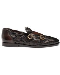 Santoni - Polished Leather Loafer With Double-Buckle And Woven Upper Dark - Lyst
