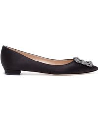 Manolo Blahnik Black Hangisi Flat Satin Pumps