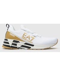 EA7 - Crusher Distance Knit Trainers In White & Gold - Lyst