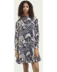 Scotch & Soda Jurk Met V-hals, Print En Lange Mouwen - Blauw