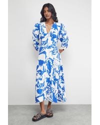 Warehouse - Petite Viscose Floral V Neck Puff Sleeve Midi - Lyst