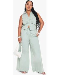 Boohoo - Plus Drawstring Waist Poplin Wide Leg Trouser - Lyst