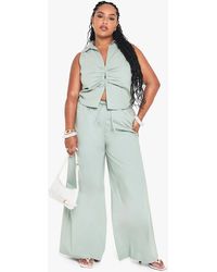 Boohoo - Plus Drawstring Waist Poplin Wide Leg Trouser - Lyst