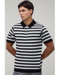 BoohooMAN - Regular Fit 1/4 Zip Striped Knitted Polo - Lyst