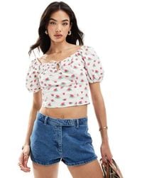 Vero Moda - Sweetheart Tie Front Blouse With Puff Sleeve - Lyst