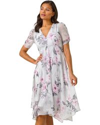 Roman - Floral Print Hanky Hem Midi Dress - Lyst