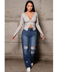 Femme Luxe - Wash High Waisted Wide Leg Ripped Knee Distressed Denim Jeans - Lyst