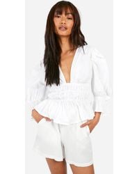 Boohoo - Volume Sleeve Tie Back Cotton Poplin Top - Lyst
