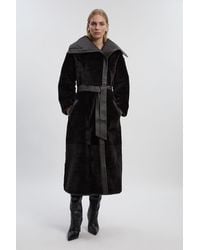 Karen Millen - Reversible Shearling & Leather High Collar Maxi Coat - Lyst