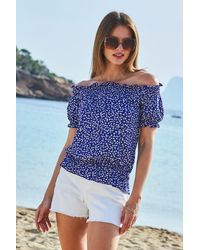 Sosandar - Ditsy Floral Shirred Waist Bardot Jersey Top - Lyst