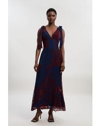 Karen Millen - Paisley Devore Plunge Woven Midi Dress - Lyst