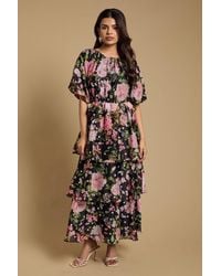 Oasis - Petite Shirred Bodice Puff Sleeve Tiered Midi Dress - Lyst