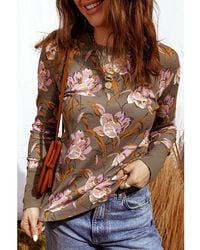 Azura Exchange - Floral Print Waffelstrick-Oberteil Mit Langen Ärmeln Und Rundhalsausschnitt - Lyst
