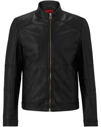 HUGO - Lokis Lams Leren Full Zip Bikerjack (zwart) - Lyst