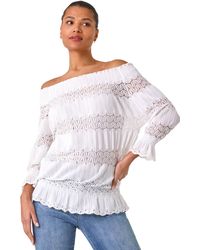 Roman - Lace Insert Frill Bardot Top - Lyst
