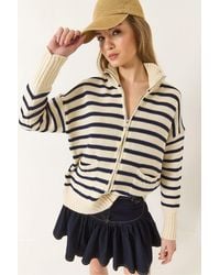 Bianco Lucci - Striped Zip-Up Knitwear Cardigan With Pockets - Lyst