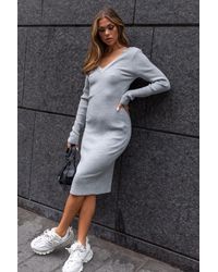 Femme Luxe - Ribbed V Neck Midi Jumper Dress - Lyst