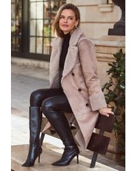 Sosandar - Stone Faux Suede & Shearling Double Breasted Coat - Lyst