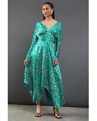 Warehouse - Floral Satin Batwing Waisted Hanky Hem Midi Dress - Lyst