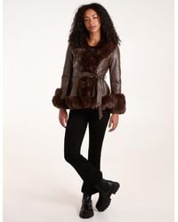 Blue Vanilla - Faux Fur Pu Coat With Belt - Lyst