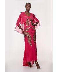Karen Millen - Tall Feather Embellished Woven Cape Sleeve Maxi Dress - Lyst