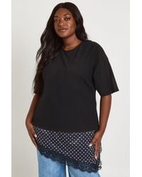 Boohoo - Plus Polka Dot Lace Satin Asymmetric Hem T-Shirt - Lyst