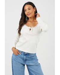 Brave Soul - Ribbed Long Sleeve Top With Lace Trim - Lyst