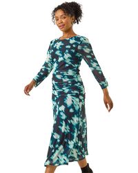 Roman - Petite Print Mesh Ruched Midi Dress - Lyst