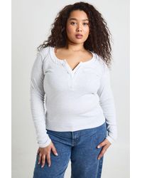 Boohoo - Plus Ribbed Contrast Henley Button Long Sleeve Top - Lyst