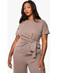 Boohoo - Plus Knitted Drape Detail Short Sleeve Top - Lyst