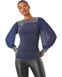 Roman - Sequin Yoke Mesh Sleeve Top - Lyst