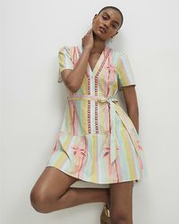 River Island - Shirt Mini Dress Neon Cotton Striped Cutwork - Lyst